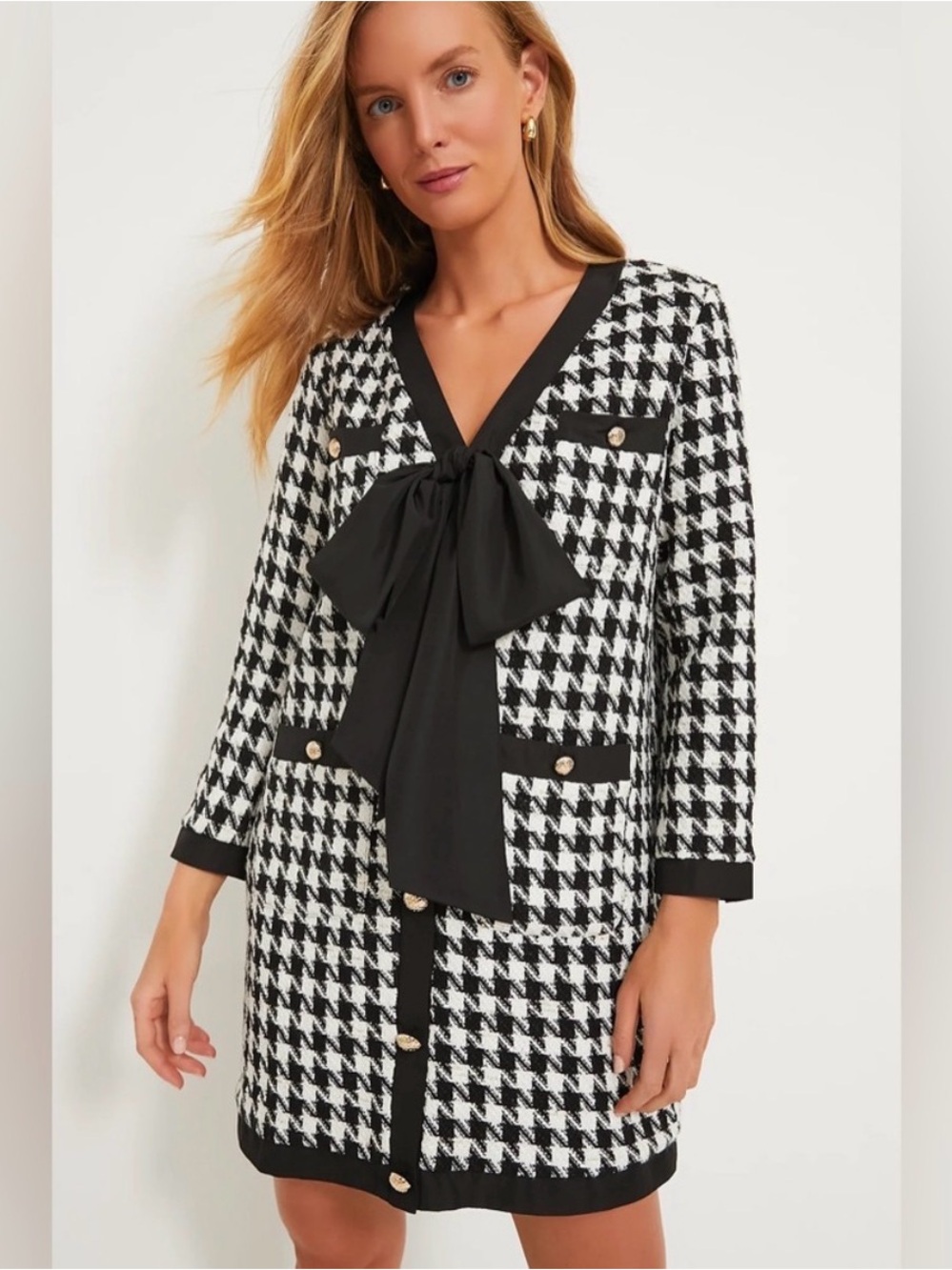 Tuckernuck Pomander Place Black & White Houndstooth Bow-Front Dress NWT